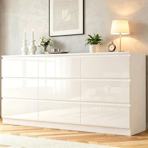 70 INCH 9 Drawers Dresser with Charging Station, Modern Large Dresser with 9 Handle Free Drawers, Wood Storage Chest of Drawers for Bedroom, Living Room, Entryway, Hallway, White
