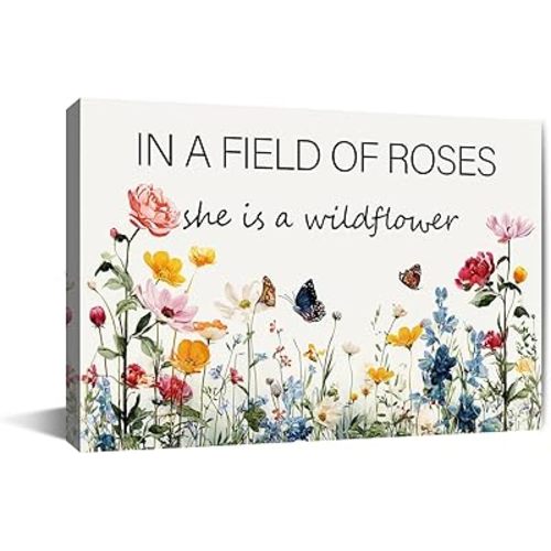 In a Field of Roses She is a Wildflower Nursery Canvas Wall Art Decor for Baby Girl Room Pink Toddler Poster Children's Floral Boho Bedroom Framed 8 * 12 Inch