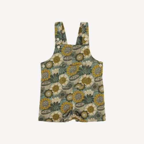 patch pocket overall shortie | honey mustard flower doodles | organic cotton gauze