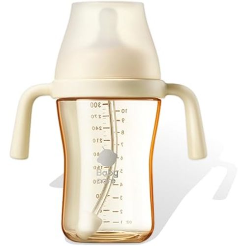 bc babycare Weighted Sippy Cup Spill Proof Toddlers Transition Cups with Nipples & Handles Learner for 6+ Month Baby Straw Cup Anti-Choking Toddler Water Bottles 10oz/300mL 1 Pack Beige