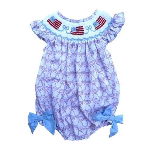 Fourth of July Girls Hand Smocked Bow & Flags Bubble | Baby & Toddler Patriotic Outfit
