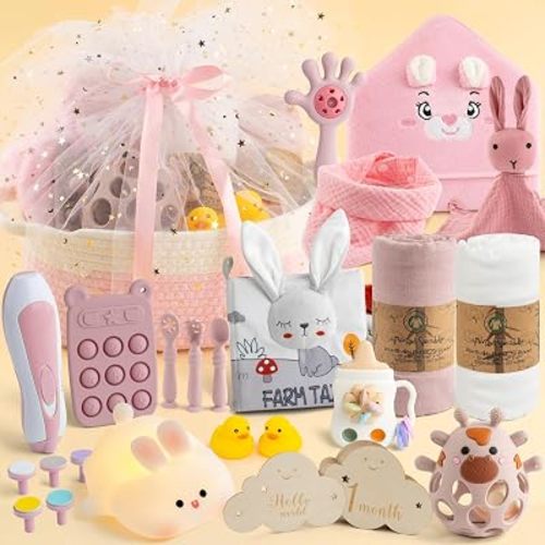 Baby Shower Gifts for Girls, 26 Piece Deluxe Baby Gift Basket - Baby Girl Gift Basket with Bunny Night Light, Electric Nail Trimmer, Bath Towe, Rattle & Milestone Cards for New Mom(Pink)