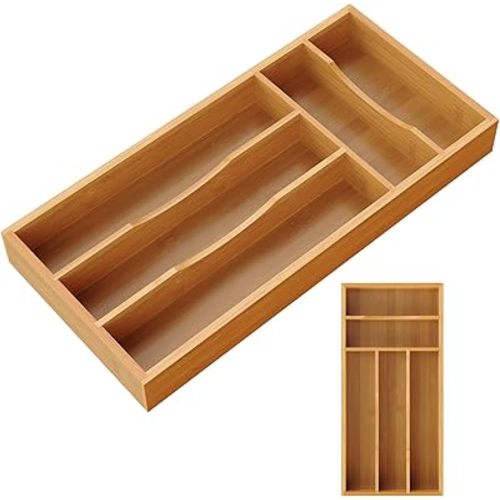 Small Silverware Organizer, Bamboo Kitchen Drawer Cutlery Organizer, Utensil Holder, Flatware Organizer Tray (14.2"x6.7"x1.6")