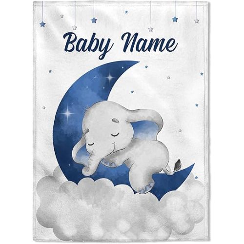 FLOCHIL Personalized Baby Blanket for Boys, Custom Baby Blanket with Name, Customized Elephant Baby Blanket, Gift for Baby Shower, Toddler, Babies, Newborn