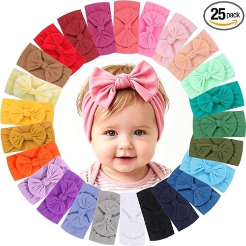 ALinmo 25PCS Baby Nylon Headbands Soft Baby Girl Headbands with Hair Bows | Soft Stretchy Baby Headbands Elastics Baby Girl Bows for Newborn Baby Girls Infants Toddlers Kids