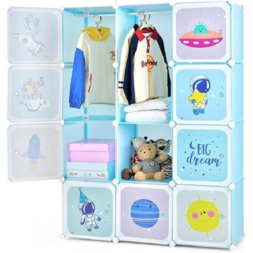 INFANS Children Wardrobe, Kid Closet Portable Baby Dresser Cute for Kids Bedroom Nursery Armoire with Doors 12 Cube 2 Hanging Sections, Kid Clothes Storage Organizer (Blue, 12 Cubes)