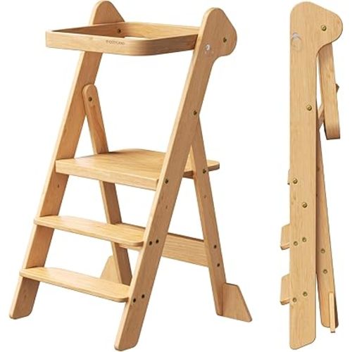 COSYLAND Foldi Foldable Toddler Kitchen Stool - Adjustable Height Toddler Standing Tower with Net & Safety Feet, IF Award-Winning Wooden Learning Step Tower for Kids Ages 18M-6Y, Natural
