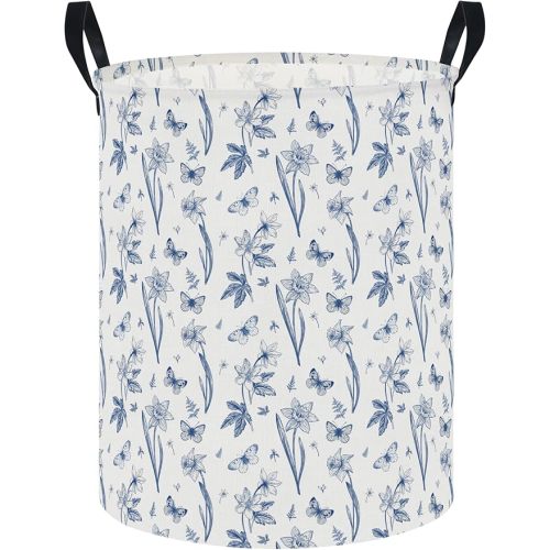 NTAOHAMPER Indigo Floral Large Laundry Hamper,Laundry Basket,Baby Nursery Hamper,Waterproof Storage Bin,Clothes Organizer Basket,Room Decor(Indigo Floral）
