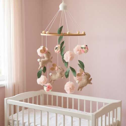 Pink Floral Bunny Baby Mobile | Girl Nursery Decor Crib Mobile | Felt Rabbit Animal Nursery Mobile | Baby Room Decoration Cot Mobile