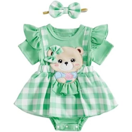 Baby Girl Bear Outfit Short Sleeve Romper Dress Gingham Bodysuit Infant Summer Clothes Newborn Coming Home Outfits