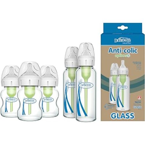 Dr. Brown's Natural Flow Options+ Narrow Glass Baby Bottles, 8oz & Dr. Brown’s Natural Flow® Anti-Colic Options+™ Wide-Neck Glass Baby Bottles 5 oz/150 mL, with Level 1 Slow Flow Nipple, 3 Pack, 0m+