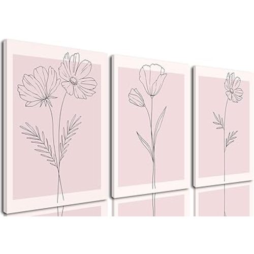 Framed Pink Flowers Wall Art Set of 3 Light Pink Room Decor Botanical Line Art Decor Blush Pink Floral Canvas Prints Minimalist Poster Pink Aesthetic for Girls' Room Bedroom Living room 16x24in