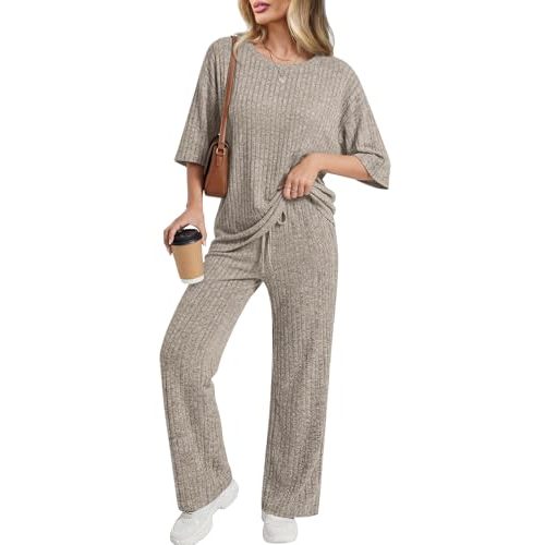 Addtoo Womens 2 Piece Lounge Sets 2026 Short Sleeve Ribbed Knit Pajamas with Pockets