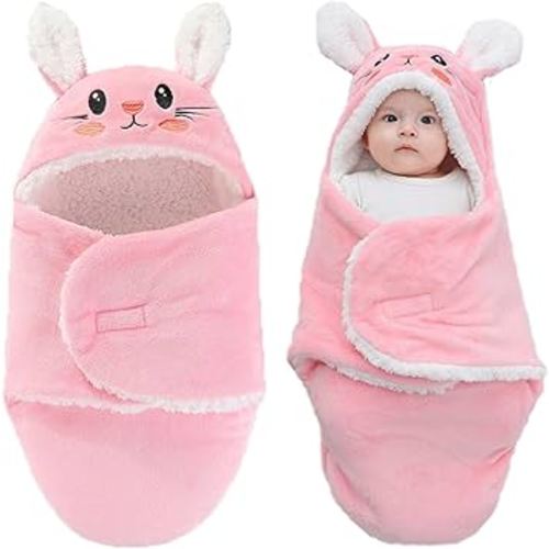Winmany Baby Hooded Fleece Swaddle Blanket Newborn Fannel Cartoon Receiving Blanket Soft Plush Sleeping Bag Sack Stroller Wrap for Infants Girl Boy 0-6Months (Pink Rabbit, 3-6Months)