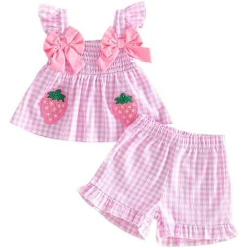 fhutpw Baby Toddler Girl Clothes Strawberry Embroidery Bow Tie Plaid Tops Dress Ruffle Shorts Set Summer Infant Shirt Outfits