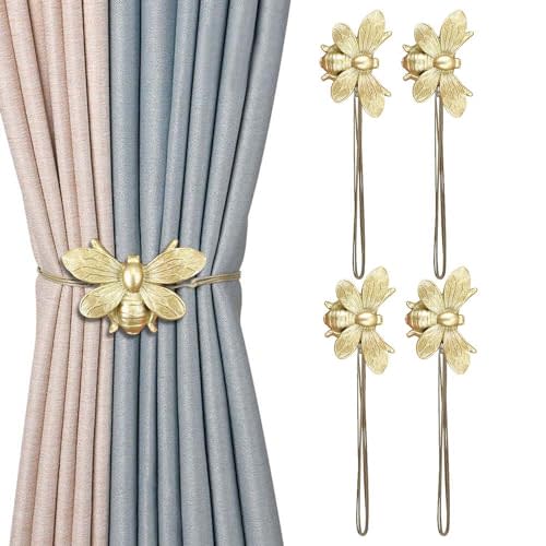Curtain Holdbacks, Resin Magnetic Tiebacks Golden Bee Holders, Decorative Ties for Drapes, Farmhouse Home Decoration Accessories, Set of 4