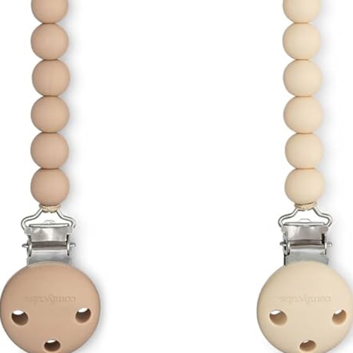 Comfy Cubs Pacifier Clips 2 Pack - 100% Food Grade Silicone Baby Pacifier Clips, BPA & PVC Free - CPSIA Certified, Lightweight and Flexible Baby Gifts - Beige & Light Beige