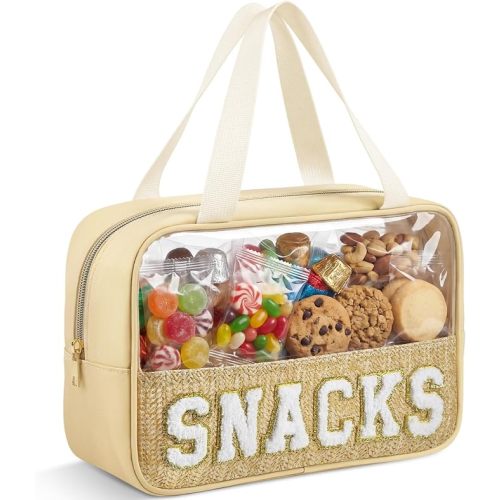 Kajaia 1 Pcs Clear Snacks Bag Travel Toiletry Makeup Bags with Handle Chenille Letter Large Woven Transparent Storage Boho Preppy Patch Snacks Cosmetic Bag for Summer Pool Vacation Women Gift, Beige