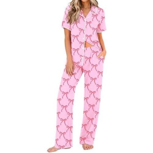 Ekouaer Womens Pajamas Set Button Down Loungewear Short Sleeve Pants Pjs