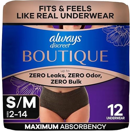 Always Discreet Boutique Incontinence and Postpartum Underwear for Women, Maximum Protection, Small/Medium, Black, 12 Count