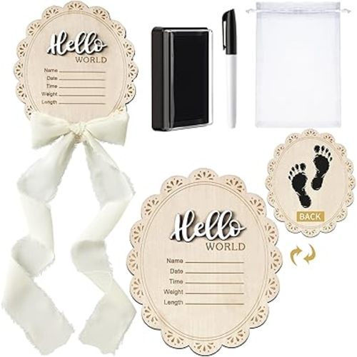 Baby Announcement Sign 7 Inch Double Sided Wooden Hello World Newborn Engraved Sign with Organza Bag Marker Pen Ink Pad Ribbon Bow for Baby Shower Hand Footprints Photo Prop (White Bow)