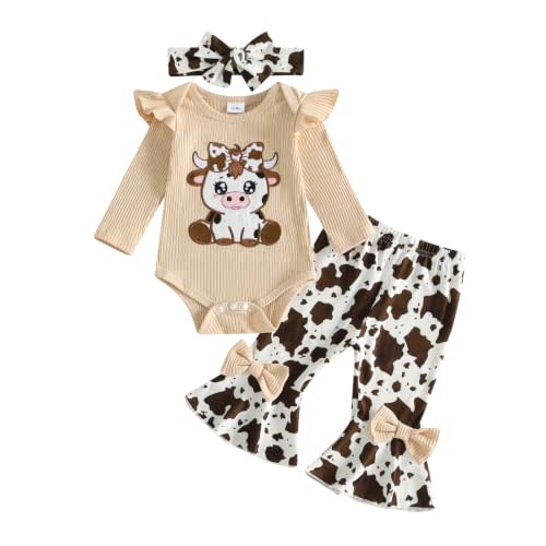 Newborn Baby Girl Western Clothes Cow Long Sleeve Romper Flare Pants Set | Newborn Baby Girl Western Outfits Cow Embroidery Long Sleeve Romper Bell Bottom Pants Set Infant Cowgirl Clothes
