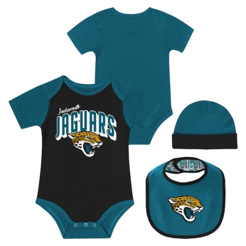 Jacksonville Jaguars Newborn & Infant Dynamic Duo Bodysuit, Bib & Knit Hat Set