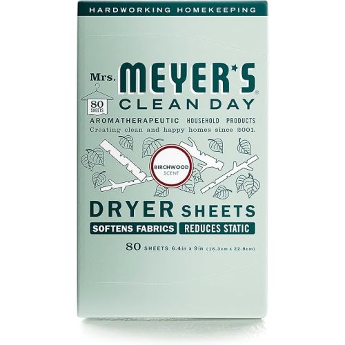MRS. MEYER'S CLEAN DAY Dryer Sheets, Fabric Softener, Reduces Static, Infused with Essential Oils, Birchwood, 80 Count