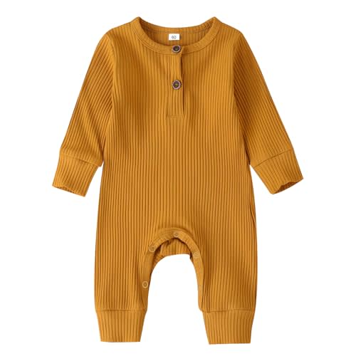 NUDIUOO Newborn Baby Boy Girl Romper Infant Long Sleeve Solid Ribbed Button Clothes Bodysuit Jumpsuit
