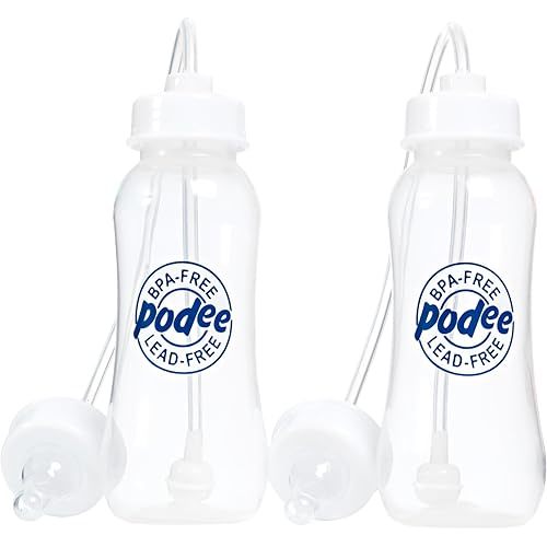 Hands-Free Baby Bottle - Anti-Colic Self Feeding 9 oz Baby Bottle Nursing System with Fast Flow Nipple/Teat 3m+ Infant (2 Bottles - Podee Blue)