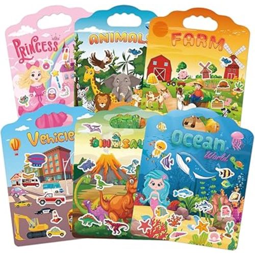 6Set Reusable Sticker Books for Toddlers 2-4 Years, Toddler Sticker Books Ages 1-3, Kids Puffy Activity Book Set Include Animal,Farm,Princess,Vehicles,Ocean,Dinosaurs