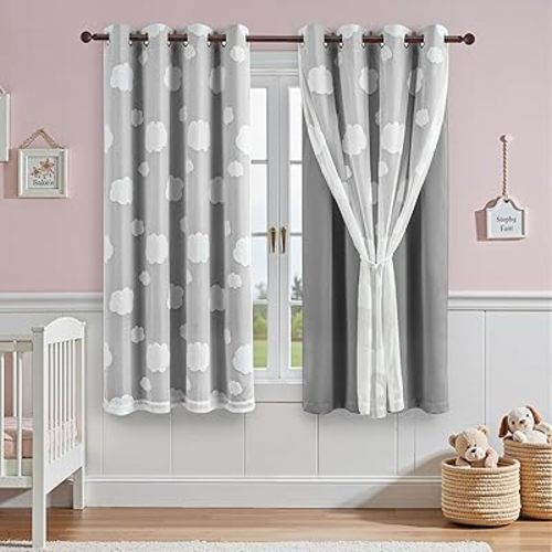 Grey Room Darkening Curtains for Bedroom 63 Inches Long Double Layer Curtains for Kids Room White Cloud Pattern Sheer Grommet Nursery Drapes 2 Panels Set, W52 X L63