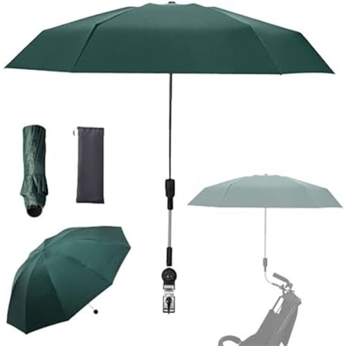 Clip-on Umbrella for Stroller Sunshade, Adjustable Steering Angle, Handle Included, Compact and Lightweight, Suitable for All Kinds of Strollers (Dark Green)