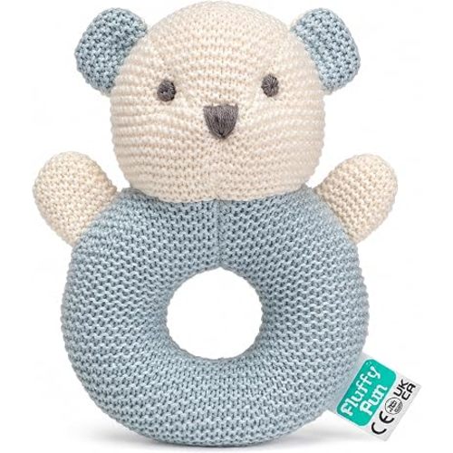 FLUFFYFUN 100% Organic Cotton Baby Rattle, Blue Teddy Bear for Newborns