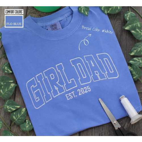 Comfort Colors® Dad Varsity T-shirt, Custom Embroidered Girl Dad T-shirt, Trendy College Style, Personalized Sweatshirts, Father's Day Gift