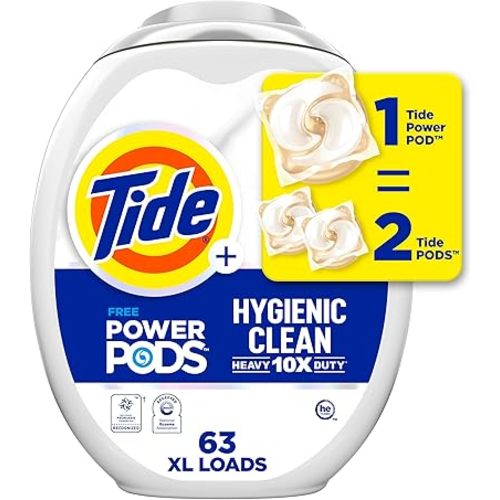 Tide Hygienic Clean Heavy Duty 10x Free Power PODS Laundry Detergent, 63 count, Unscented, For Visible and Invisible Dirt