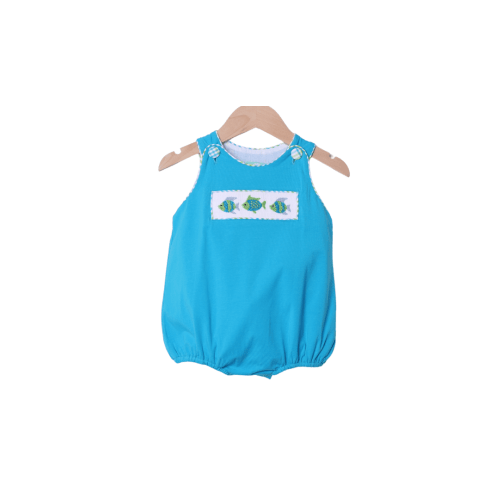Smocked Rainbow Fish Aqua Knit Bubble