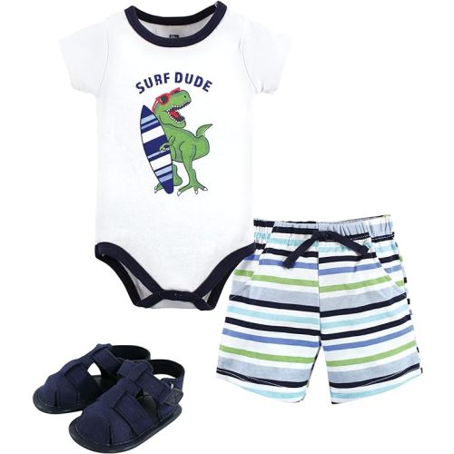Hudson Baby Unisex Baby Cotton Bodysuit, Shorts and Shoe Set