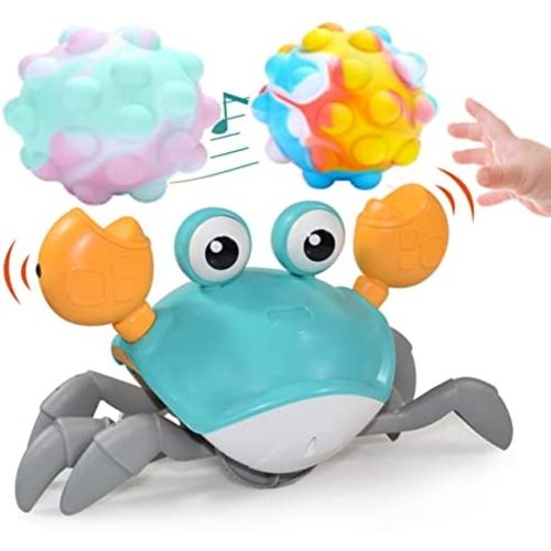 Crawling Crab Baby Toy Crab Toyautomatically Avoid Obstacles,Music and Light Up Walking Crab Baby Toy,Fun Boys Girls Holiday Birthday Gifts(Green)(2pcs Fidget Ball)