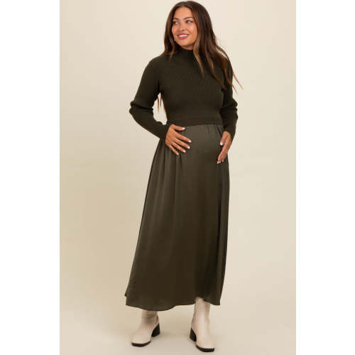 Olive Knit Contrast Top Satin Maternity Midi Dress – PinkBlush