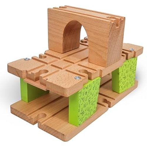 3 Level Wooden Bridge and Train Tunnel - Zany Trains - Toxic Turnpike - Viaduct Arch Bridge - Wooden Train Tracks Compatible with All Major Brands - Train Set Accessories Table