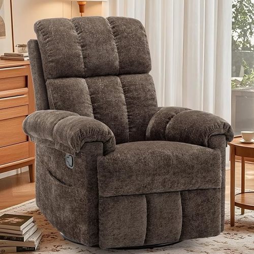 Recliner Chair, Swivel Rocker Recliner Chair for Adults, Small Recliners for Small Spaces, Upholstered Manual Recliner with Side Pockets, Nursery Rocking Chair for Living Room, Chenille, Brown