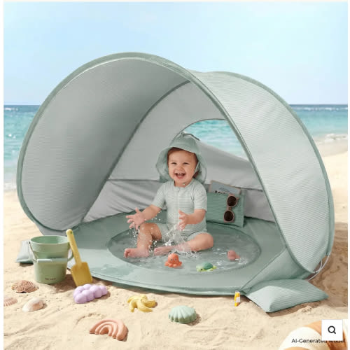 Tiny Land® 4-in-1 Baby Beach Tent & Sand Toy Set (Green)