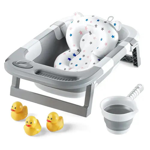 Collapsible Bathtub Baby for Infants & Newborns w/Thermometer, Drain Plug with Heat Sensor & Scoop – Compact Travel Baby Bath Space-Saving Bath for Travel, Shower & Small Bathrooms