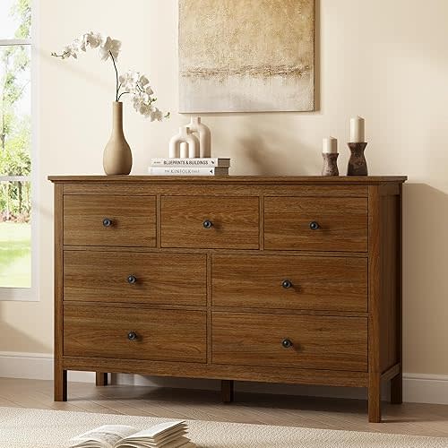 CARPETNAL Walnut Dresser for Bedroom, 7 Drawer Dresser with Wide Drawers and Metal Handles, Wood Dressers & Chests of Drawers for Hallyway, Entryway
