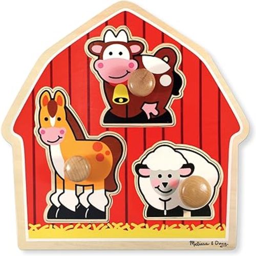 Melissa & Doug Barnyard Animals Jumbo Knob Puzzle, Wooden Peg Puzzle for Toddlers, Educational Toy for Shape Recognition and Fine Motor Skills, Ages 1+