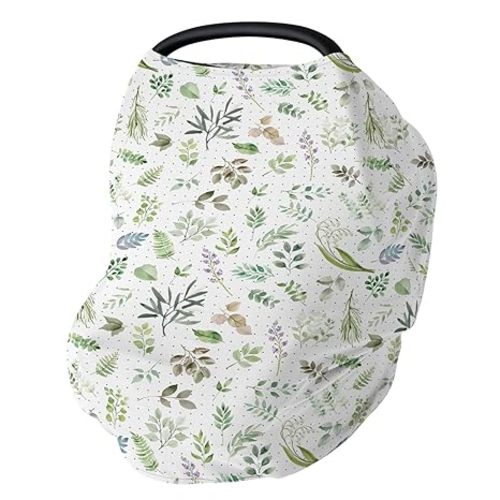 Watercolor Greenery Leaves Floral Baby Car Seat Covers Boho Green Leaves Stretchy 5-in-1 Cover Adjustable Infant Carseat Cover Canopy Summer Meadow Breathable Nursing Cover-Up