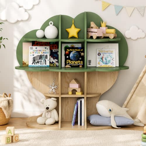 Green Tree Kids Bookshelf Toddler Bookcase 4-Tier Baby Book Rack Children Toy Storage Organizer Forest Wood Display Shelf for Nursery Playroom Bedroom Classroom School Homeschooling Boy Girl’s Gift