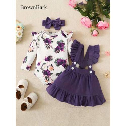BrownBark Baby Girl Floral Print Ruffle Trim Bodysuit & Pinafore Skirt & Headband | SHEIN USA