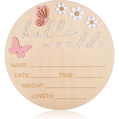 Hello World Newborn Sign, 5.9 Inch Wooden Baby Announcement Sign Pink Butterfly Style Birth Welcome Board for Newborn Boys Girls Photo Props Baby Shower Hospital Nursery (White)